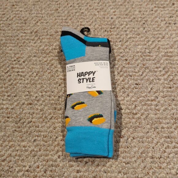 Happy Style Crew Socks Hamburger Polka Dots Stripes Size 10-13 Shoe 8-12 - Picture 1 of 5